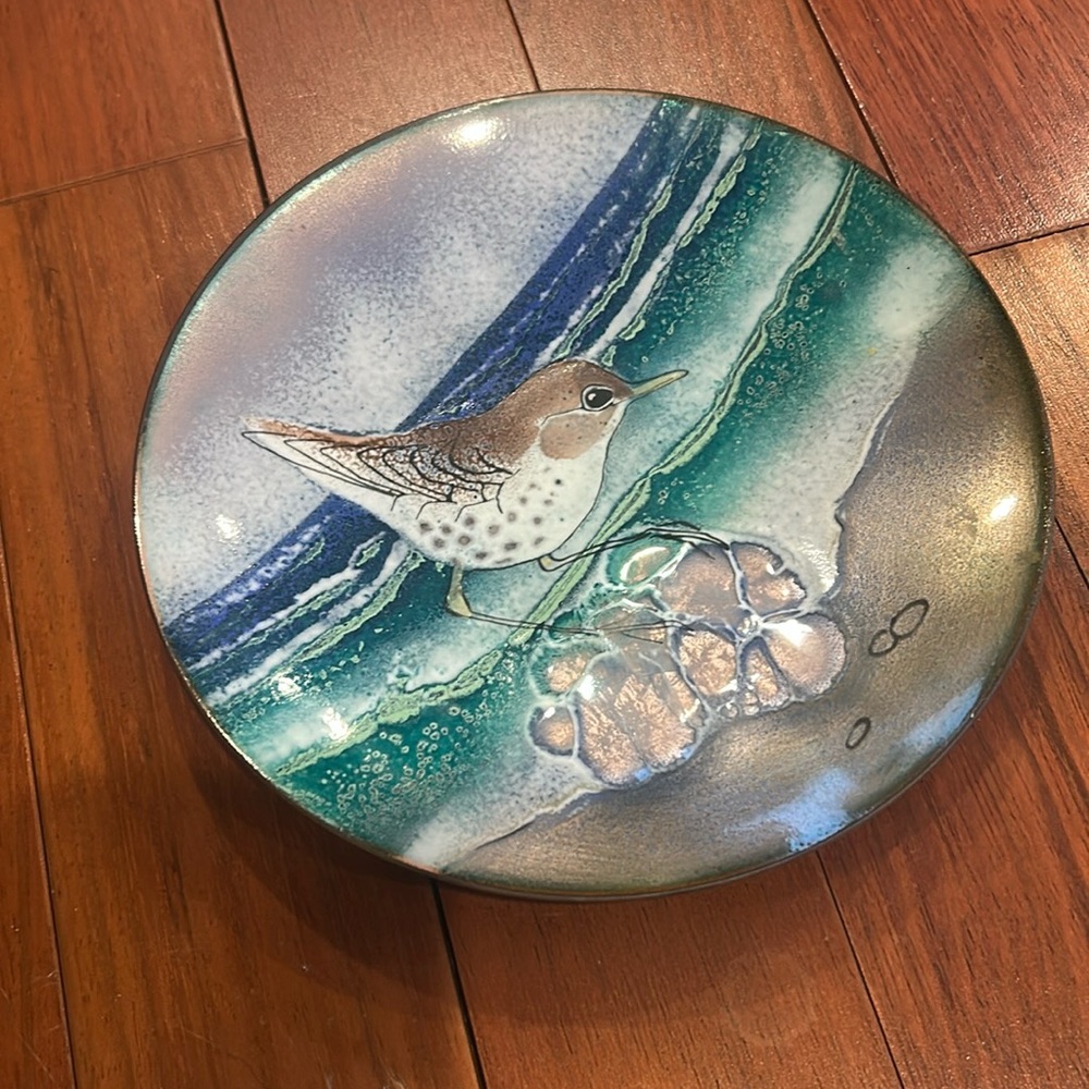 Norman Brumm Enamel on Copper Plate 7"  - Chickadee Bird Winter Scene